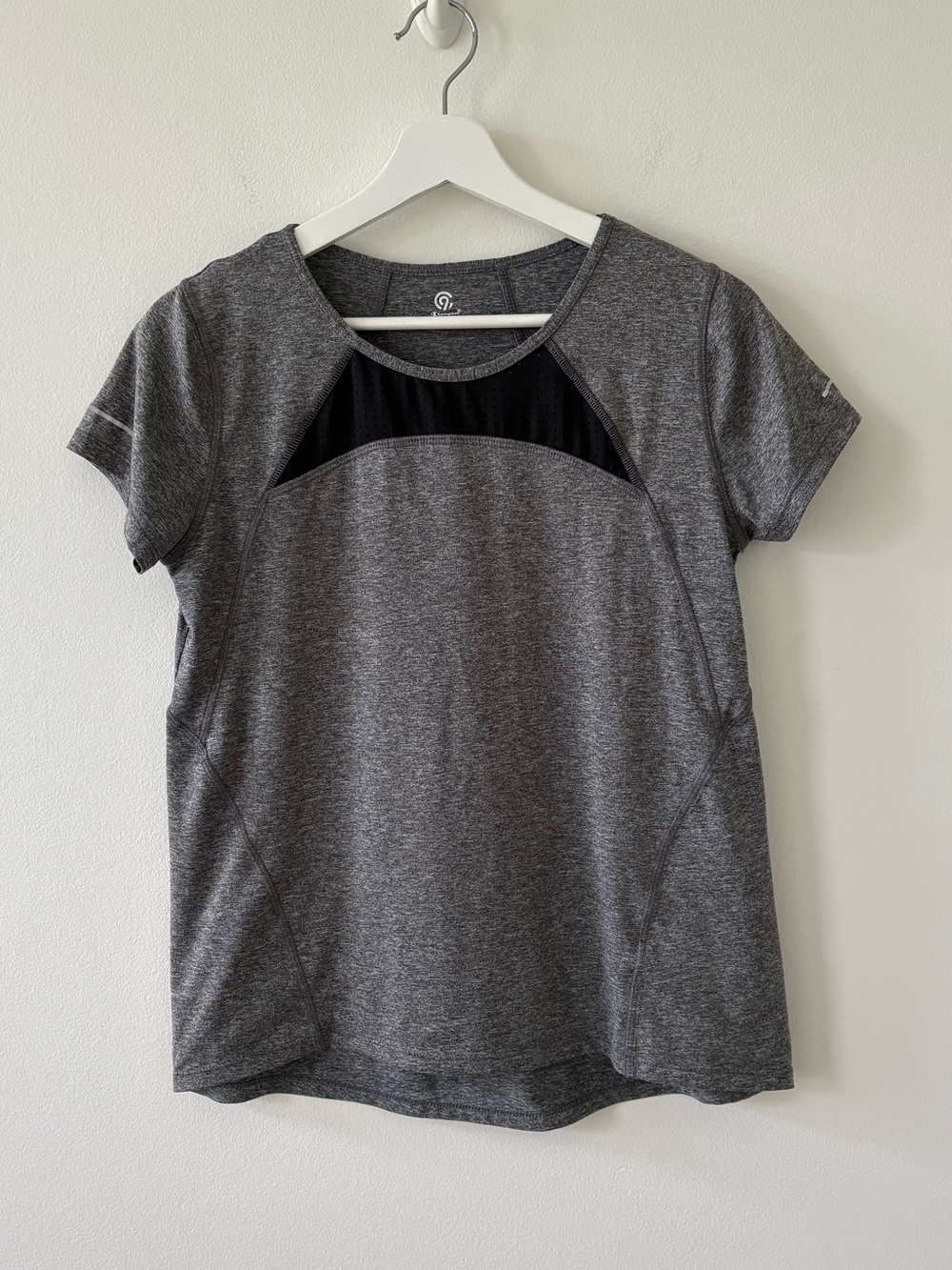 Champion Women’s Heather Gray Short-Sleeve Active Tee with Black Mesh Insert